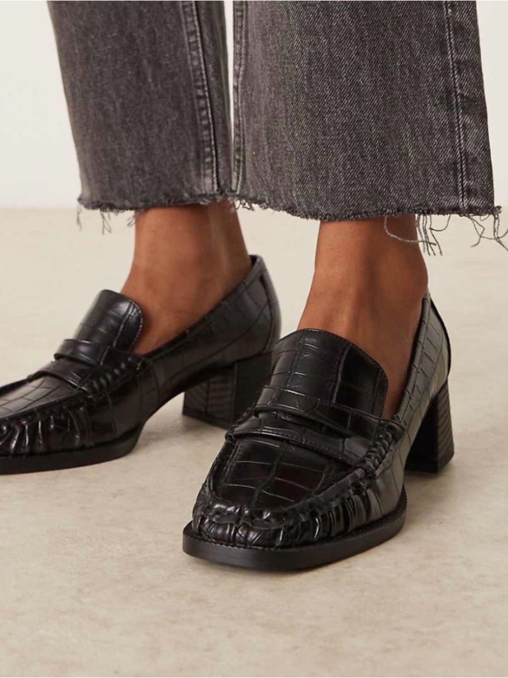 Black Croc Block Heel Loafers - Women